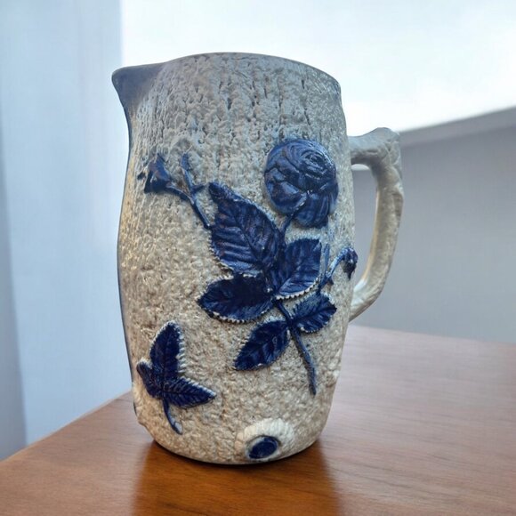 Antique Blue & White Relief Pitcher With Floral & Woman Design - Picture 2 of 10